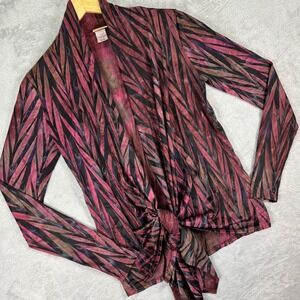 Daytrip Women's Sheer Tie Front Top Sz Small Red Black Abstract Mesh Long Sleeve